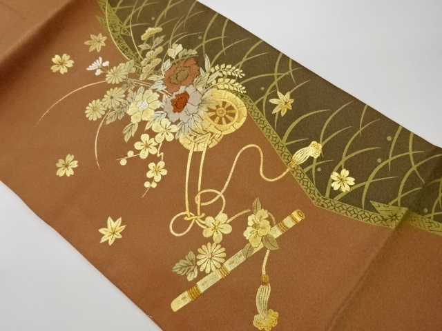 リサイクル　箔置き花車模様刺繍名古屋帯